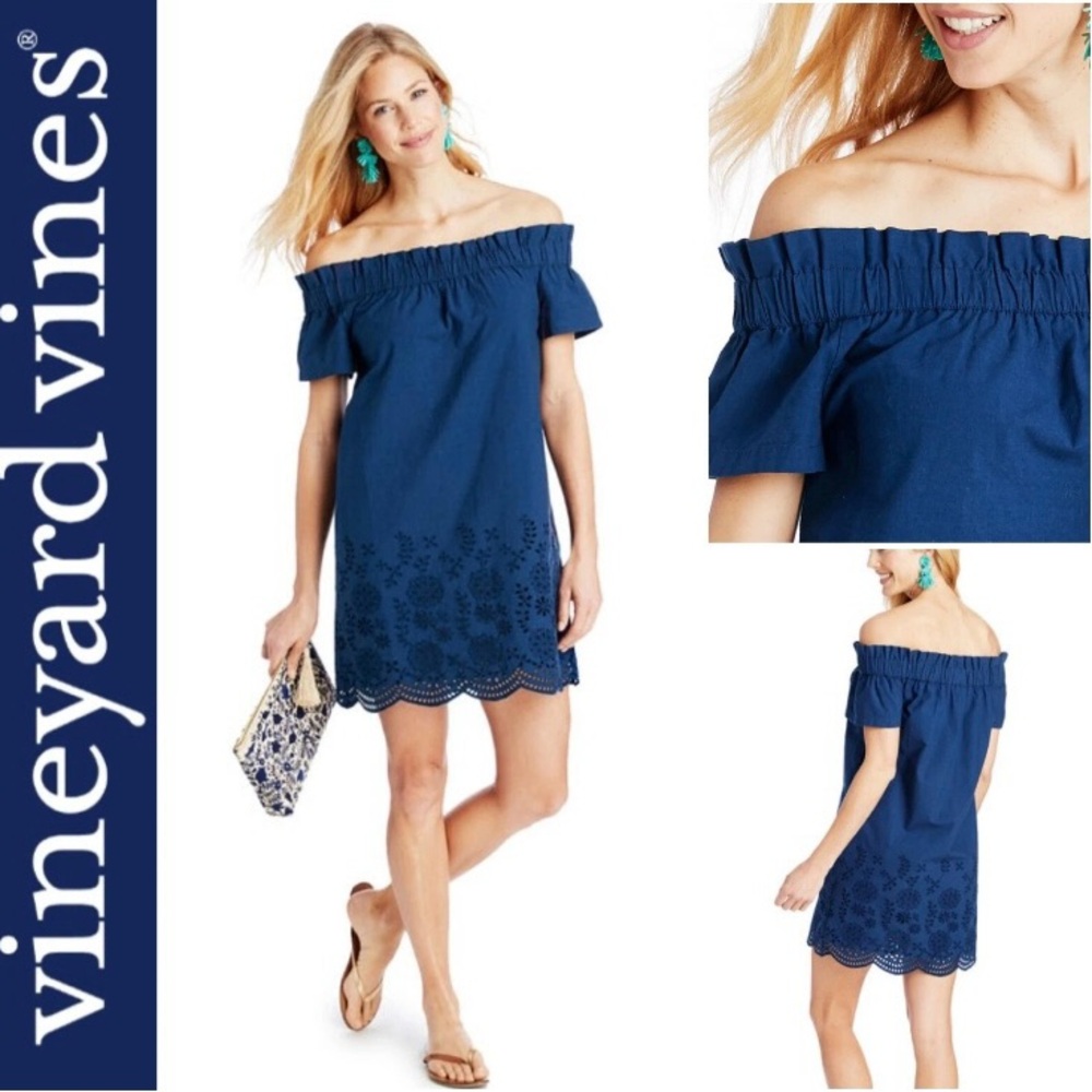 Vineyard Vines Blue Ruffled Off-Shoulder Sundress with Scalloped Hem 100% Cotton